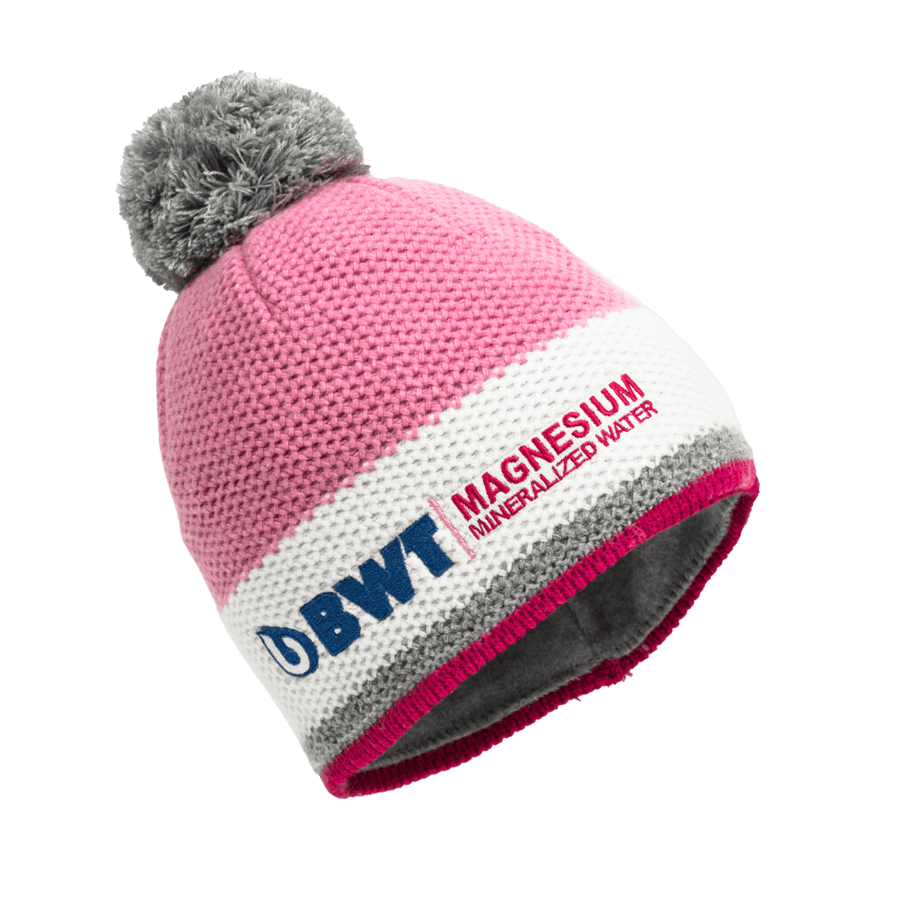BWT Cappello in lana lavorato a maglia in rosa/bianco con nappina grigia e logo BWT blu